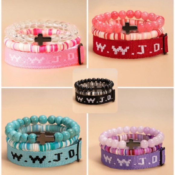 Jewelry - A89 3pc wwjd new bracelet set pick color beaded clay black pink blue red purple